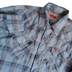 ELY PLAINS Men Long Sleeve Western Plaid Pearl Snap Shirt Sz 17-34 Blue VTG